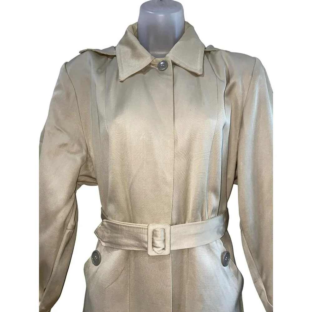 Vintage 70’s Beige Button-Up Trench Dress Coat With Belt & Pockets For Women Siz